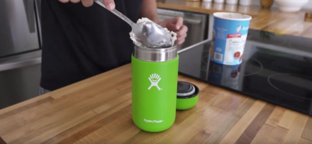 Photo of ice cream being scooped into hydro flask food flask