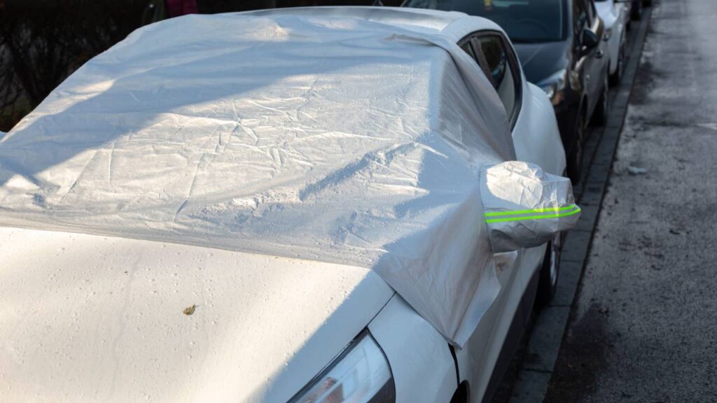 White car parked on an icy street with a grey windshield cover completely covering the windshield