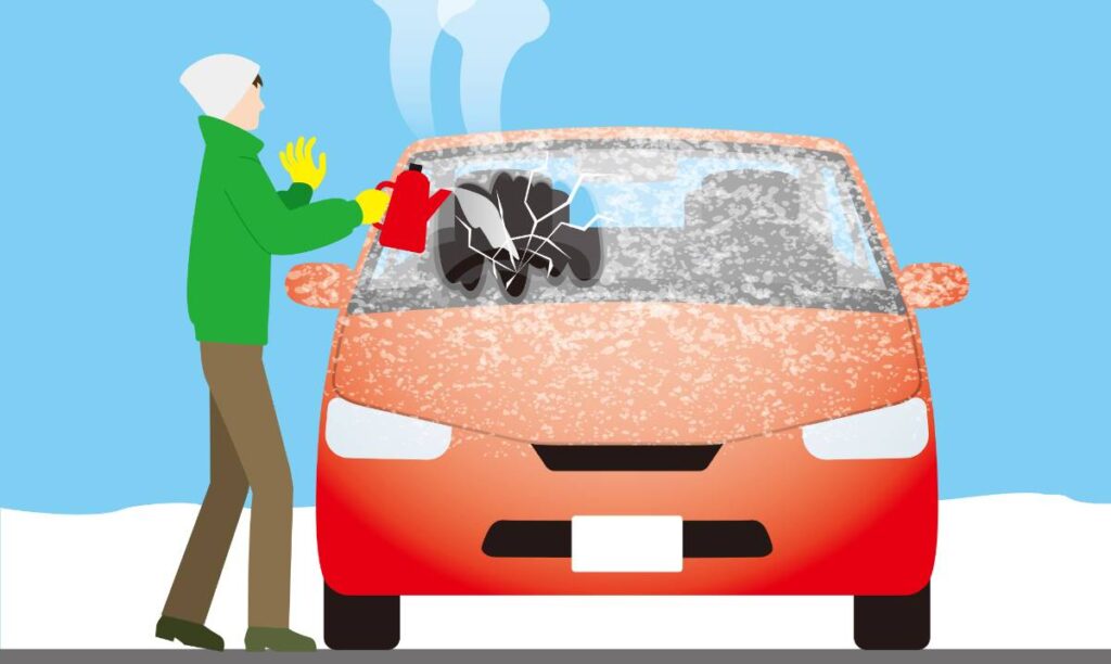 Illustration of a person in a green jacket pouring boiling water onto an icy windscreen of a red car. The windscreen is cracking and steam is coming off it.